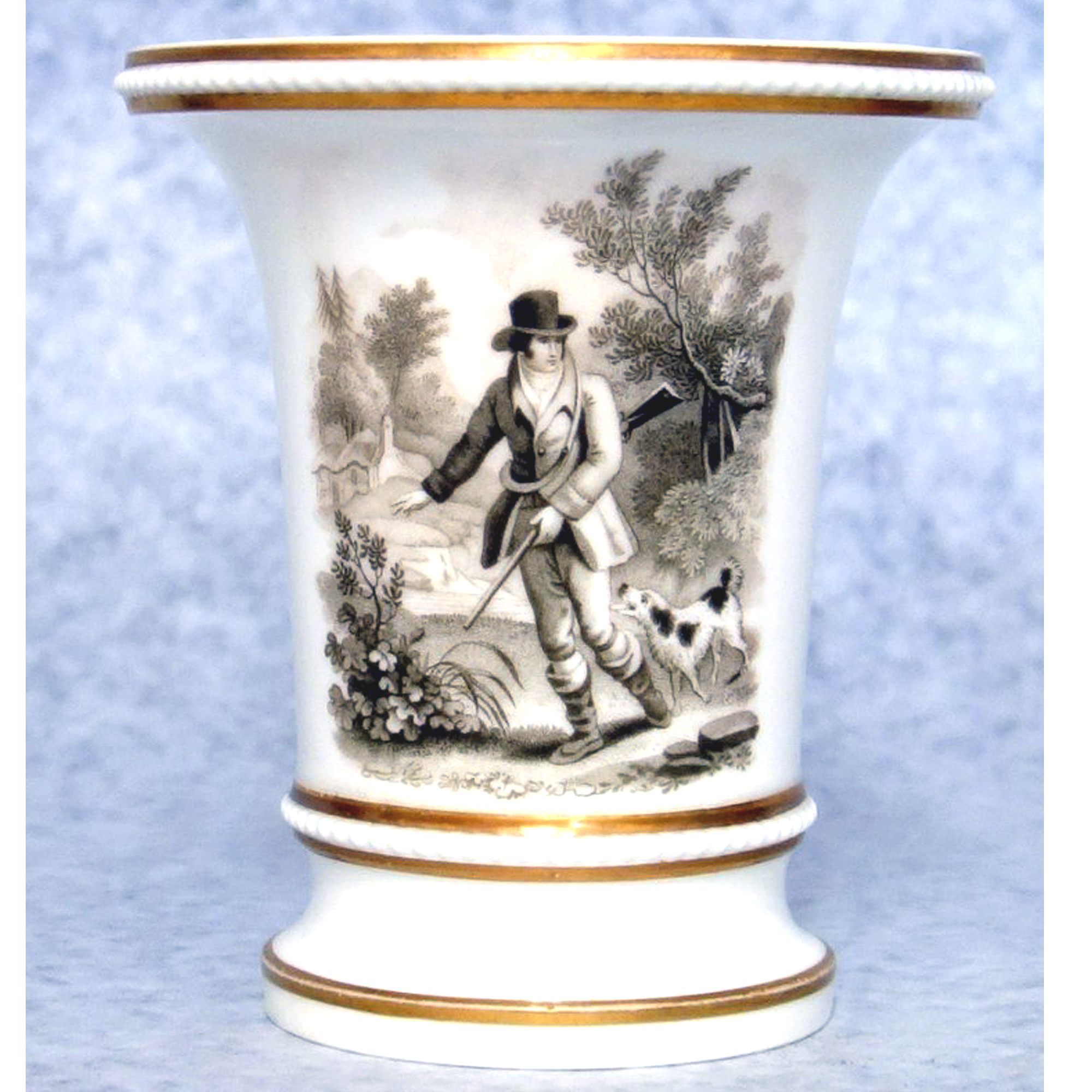Unusual & scarce antique Regency Bat printed Huntsman porcelain Spill Vase C.early 19thC