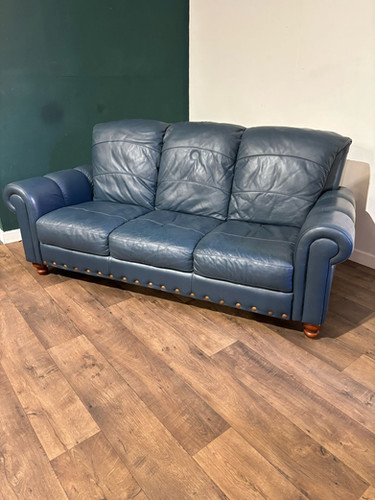 Blue Leather Three Seater Sofa