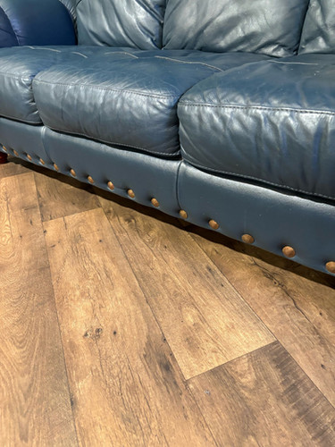 Blue Leather Three Seater Sofa