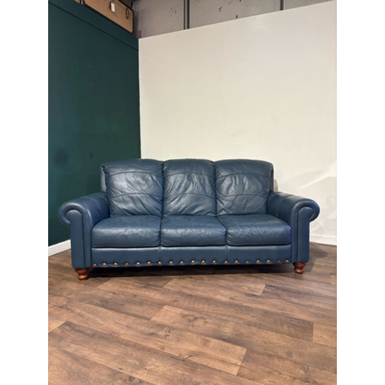 Blue Leather Three Seater Sofa