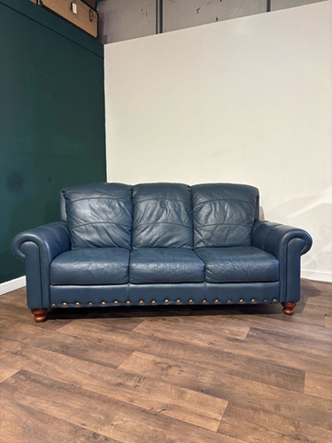 Blue Leather Three Seater Sofa