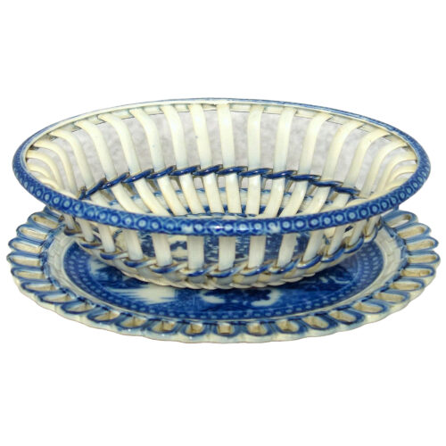 A superior and good antique Georgian pearlware pottery Basket on Stand C.18thC