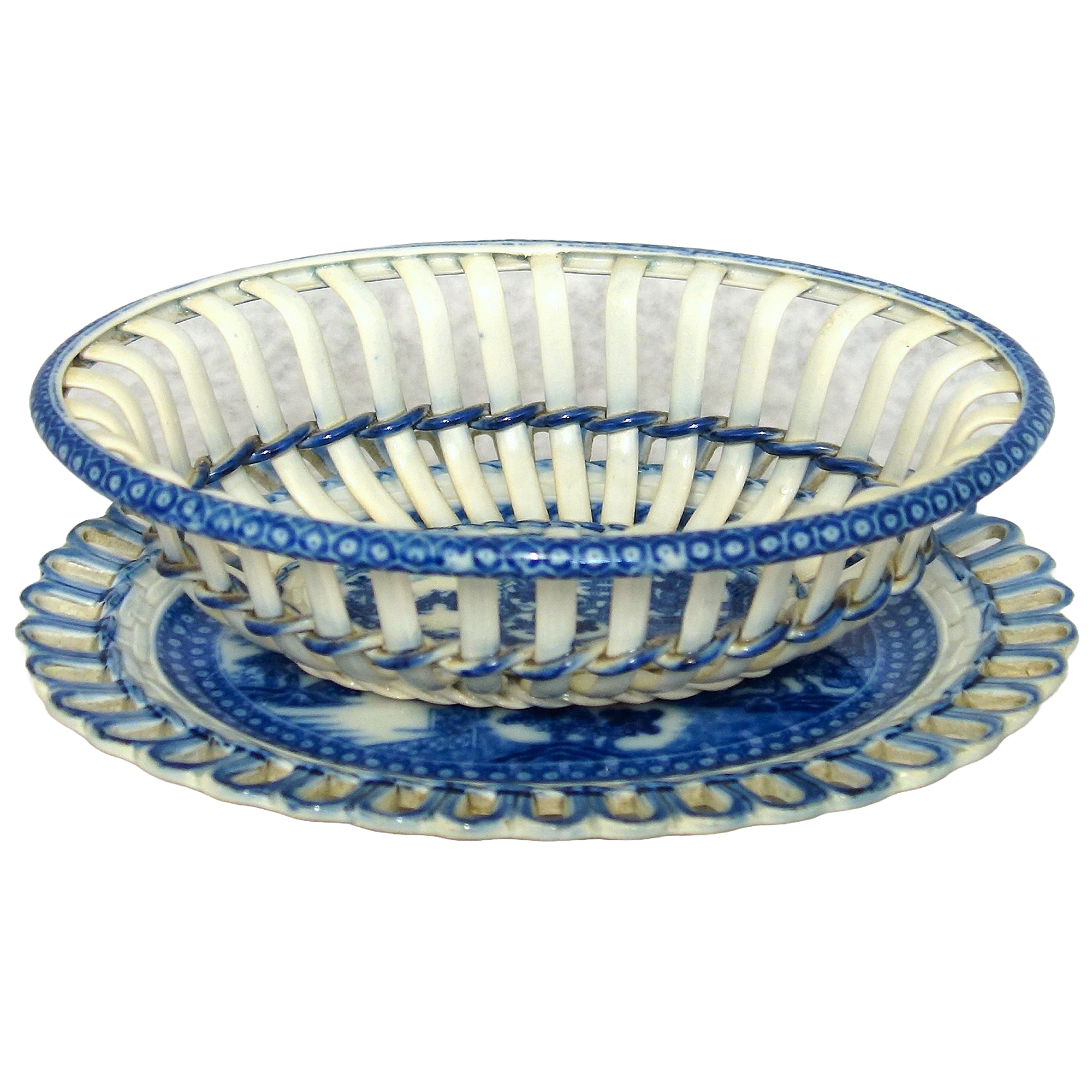 A superior and good antique Georgian pearlware pottery Basket on Stand C.18thC
