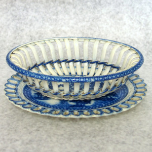 A superior and good antique Georgian pearlware pottery Basket on Stand C.18thC
