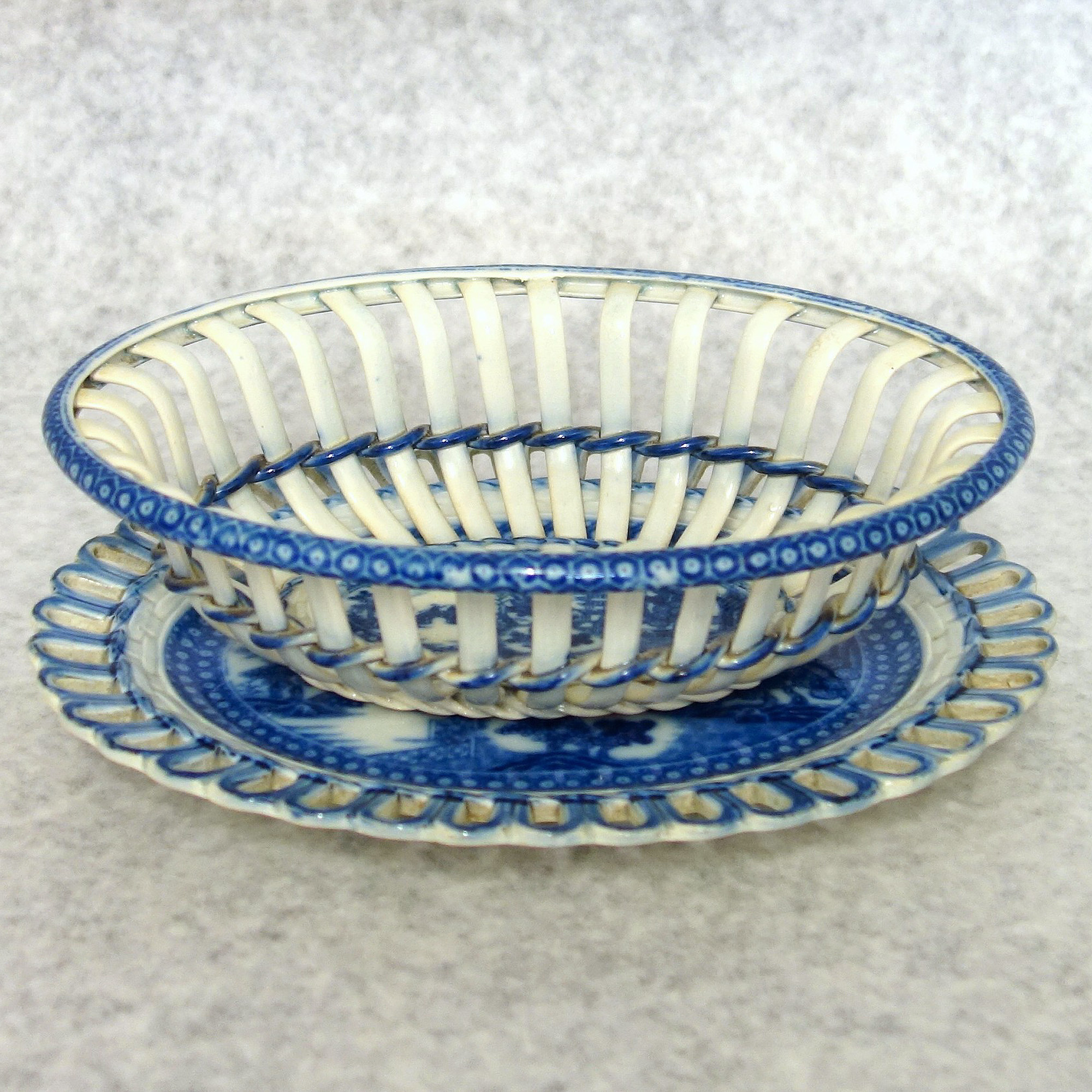 A superior and good antique Georgian pearlware pottery Basket on Stand C.18thC
