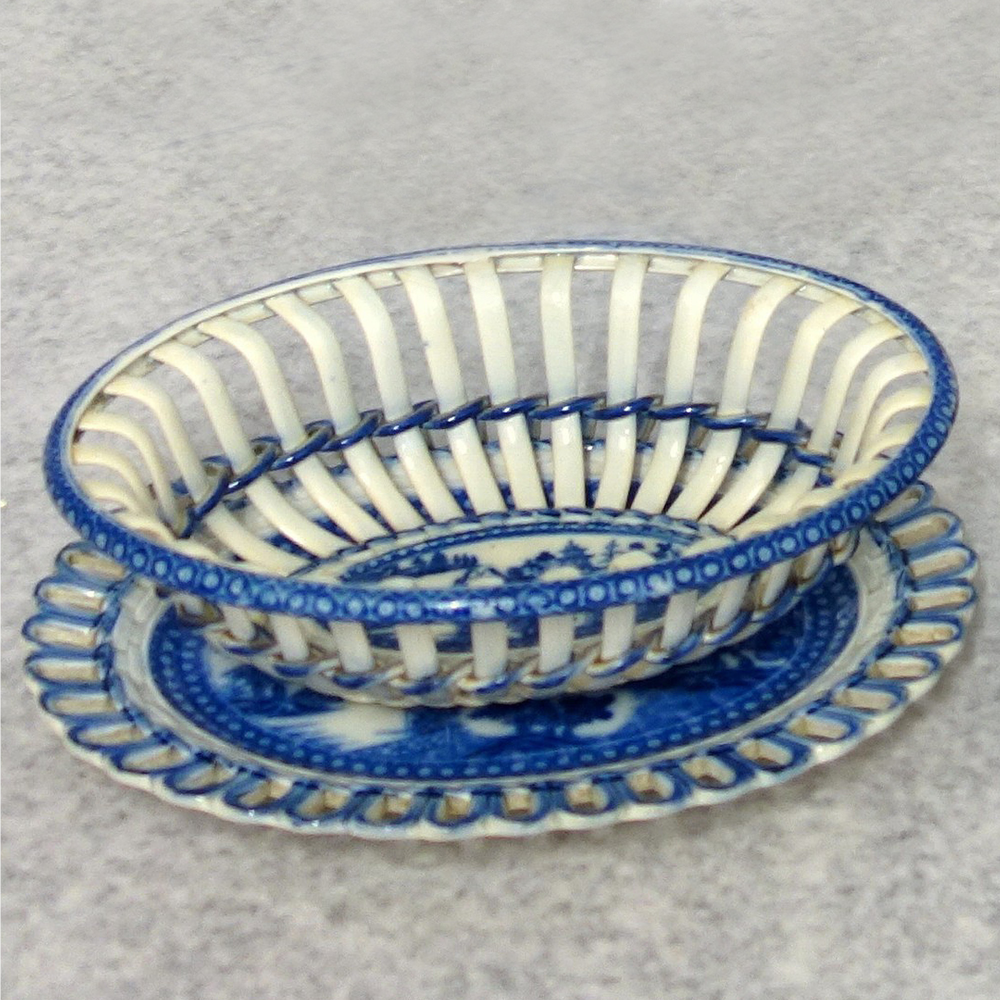A superior and good antique Georgian pearlware pottery Basket on Stand C.18thC