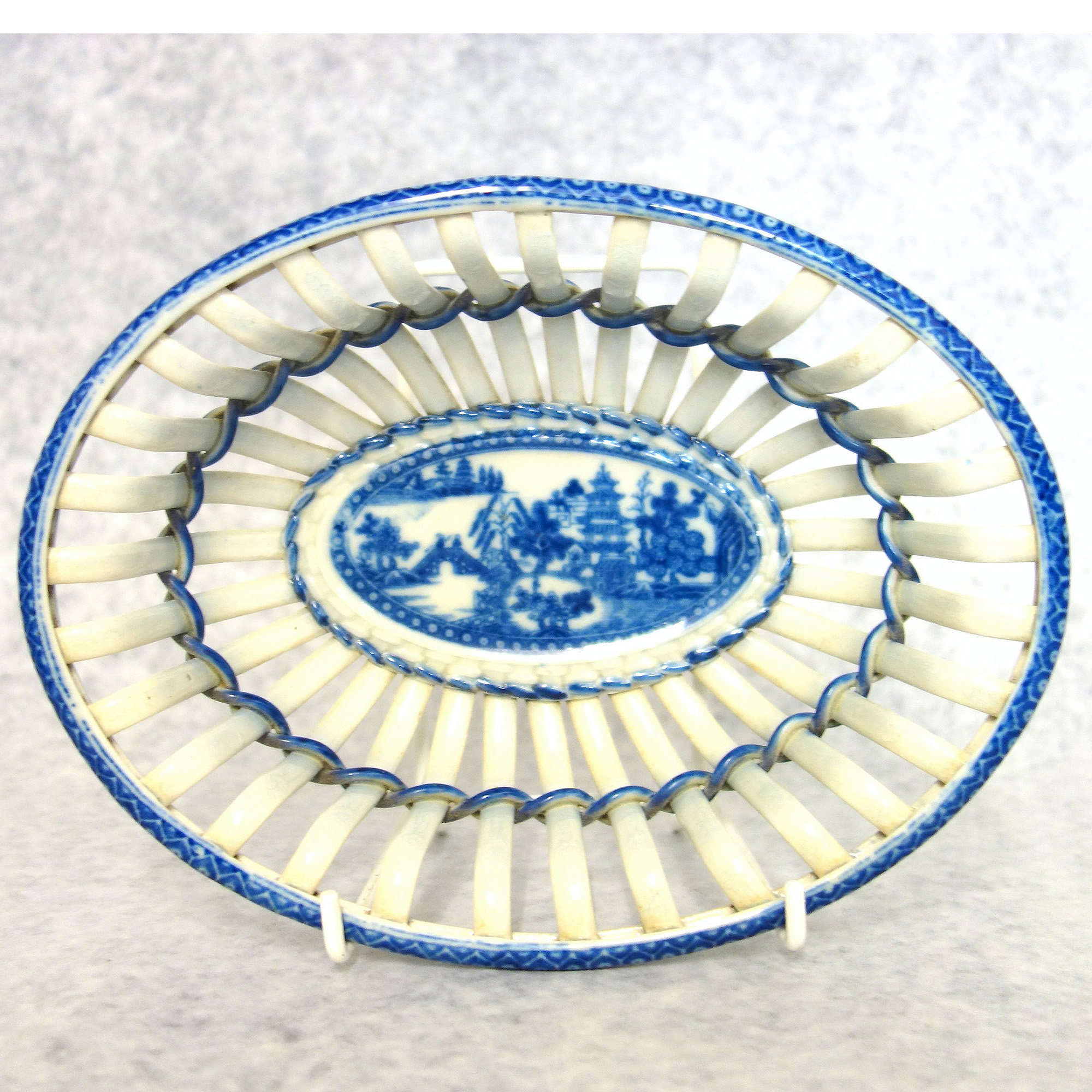 A superior and good antique Georgian pearlware pottery Basket on Stand C.18thC