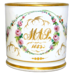 A fine quality antique Victorian Staffordshire porcelain Christening Mug C.1853