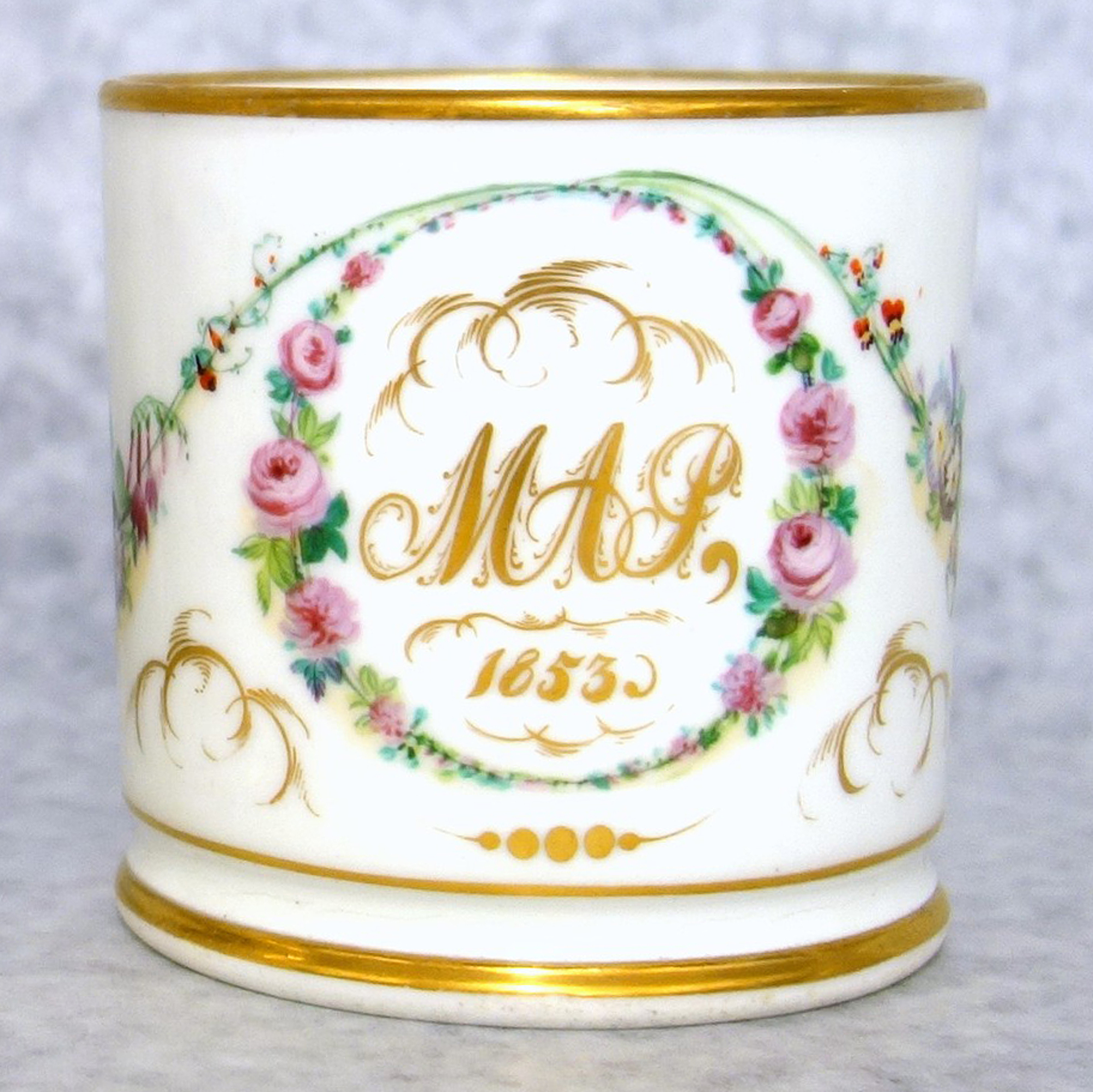 A fine quality antique Victorian Staffordshire porcelain Christening Mug C.1853