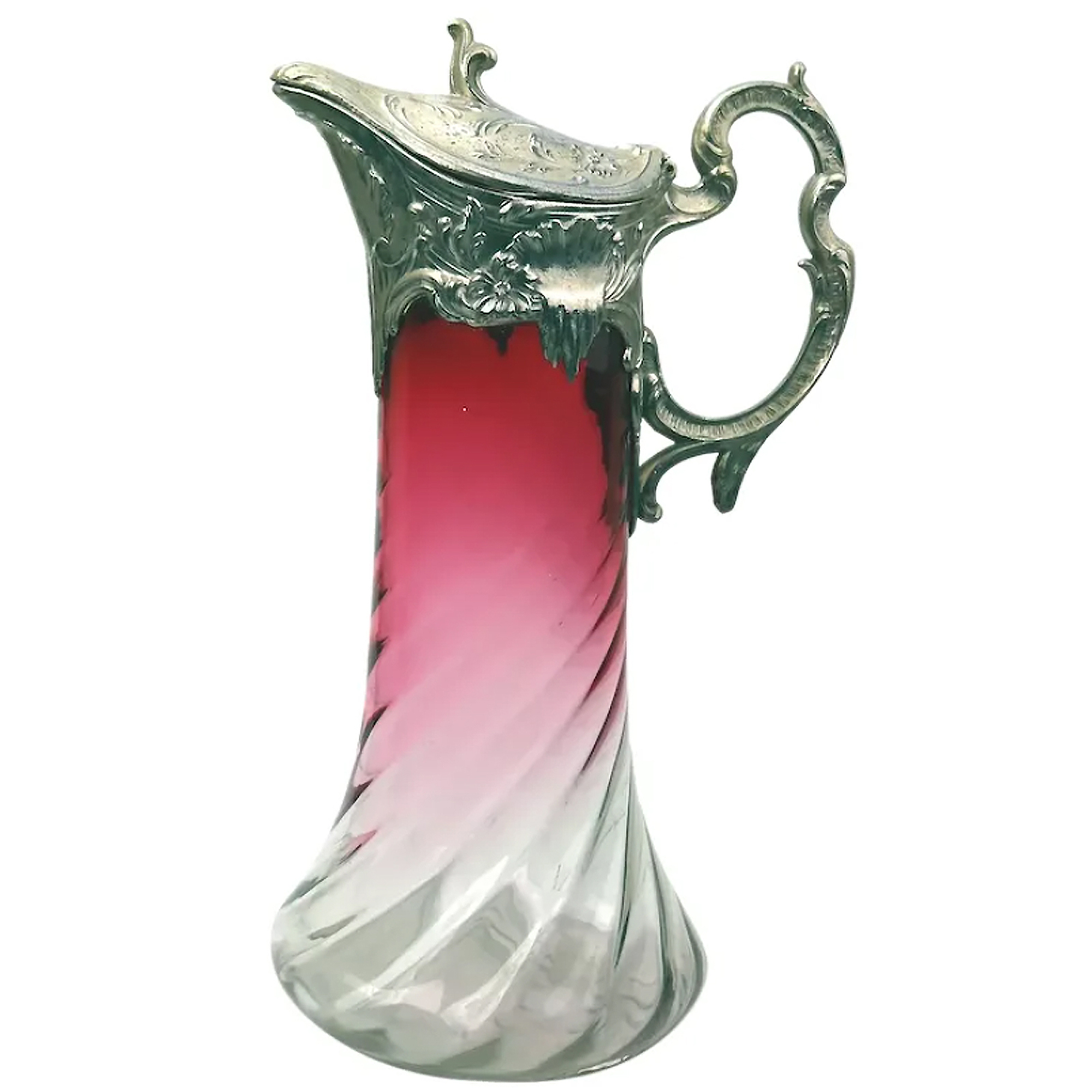 A substantial antique Art Nouveau cranberry glass wrythen Claret Jug C. pre 1900