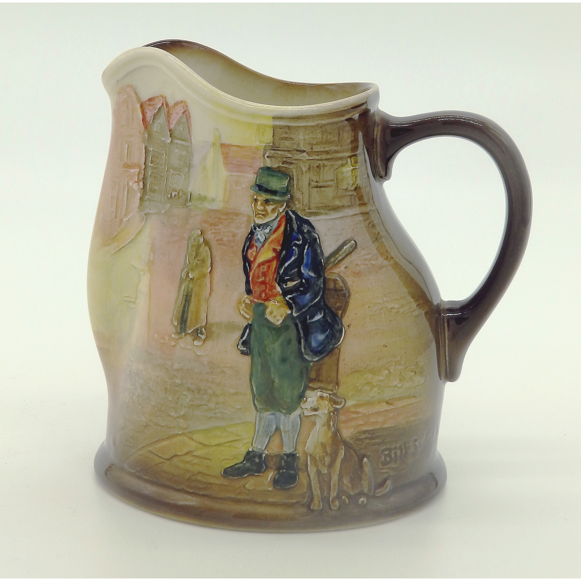 A scarce & good Royal Doulton relief pottery Series Dickensian Jug C.1930's
