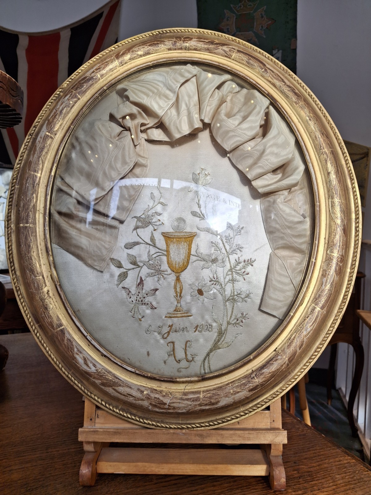 Early 20th Century Gilt Framed Glass Domed Communion Commemoration.