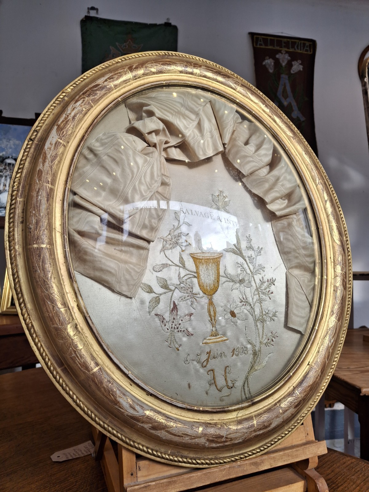 Early 20th Century Gilt Framed Glass Domed Communion Commemoration.