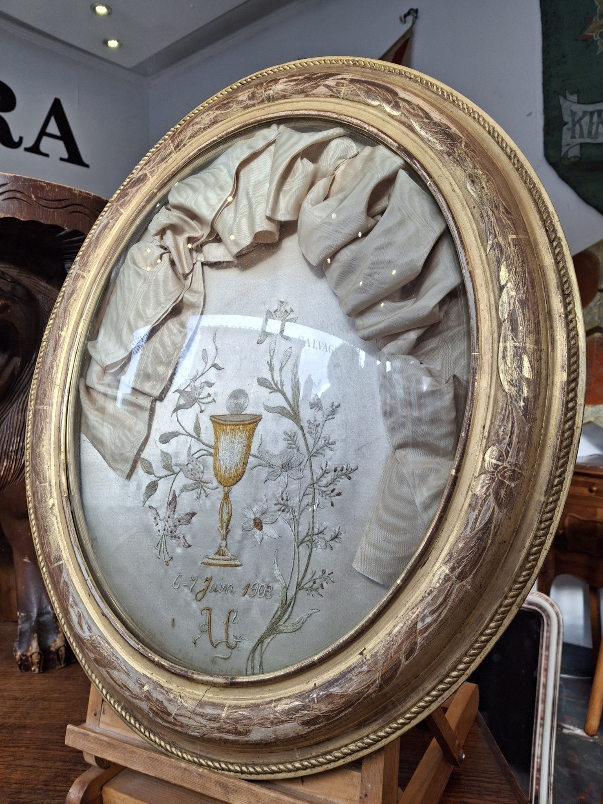 Early 20th Century Gilt Framed Glass Domed Communion Commemoration.