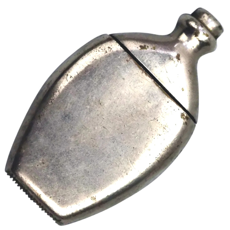 An antique novelty silver plate bottle shape Go to Bed Vesta Case C.19thC