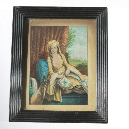 A charming antique polychrome Print Greek themed Musician & Bouzouki C.19thC