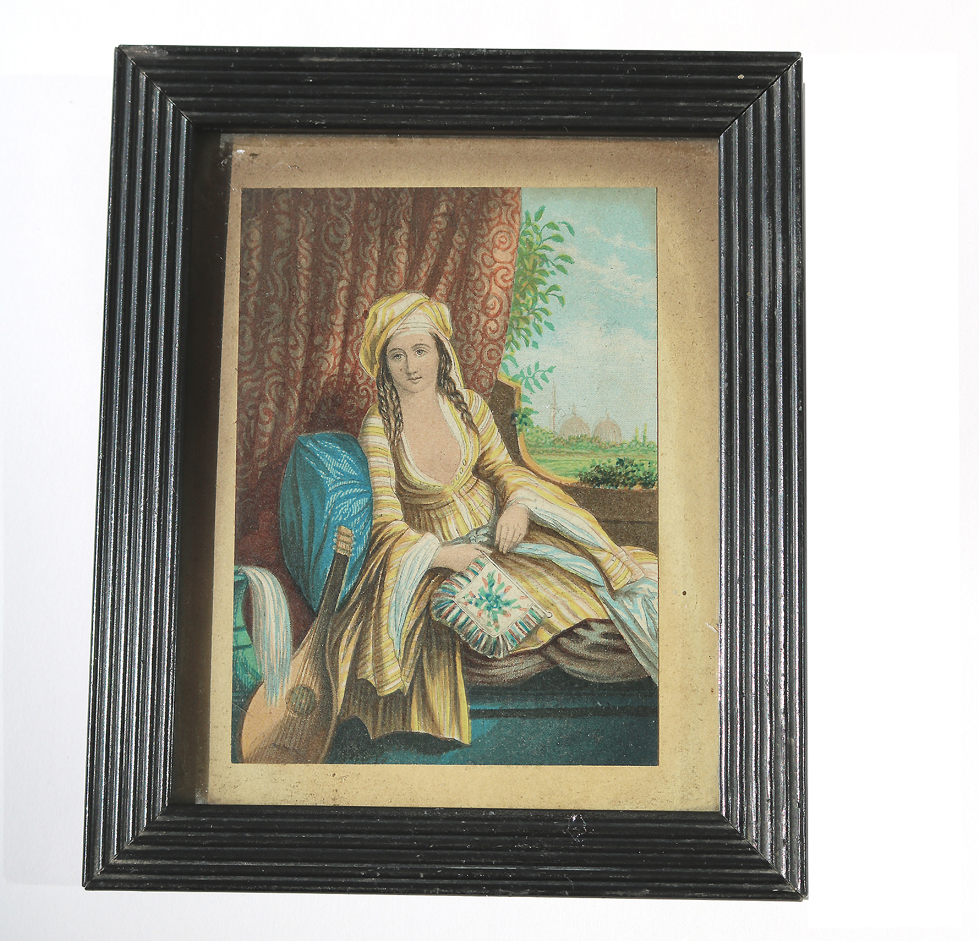 A charming antique polychrome Print Greek themed Musician & Bouzouki C.19thC