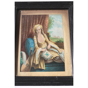 A charming antique polychrome Print Greek themed Musician & Bouzouki C.19thC