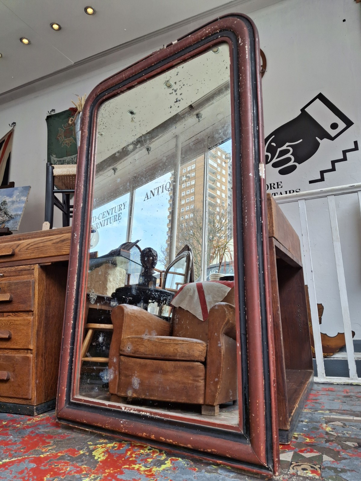 Large Scale 19th Century French Painted Louis Philippe Mirror. Antique/Mercury
