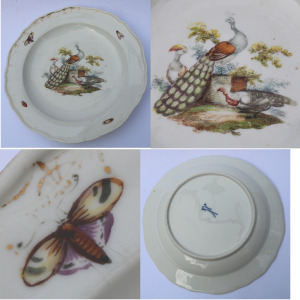 7X antique Meissen porcelain plates hand-painted with insects and birds C.19thC