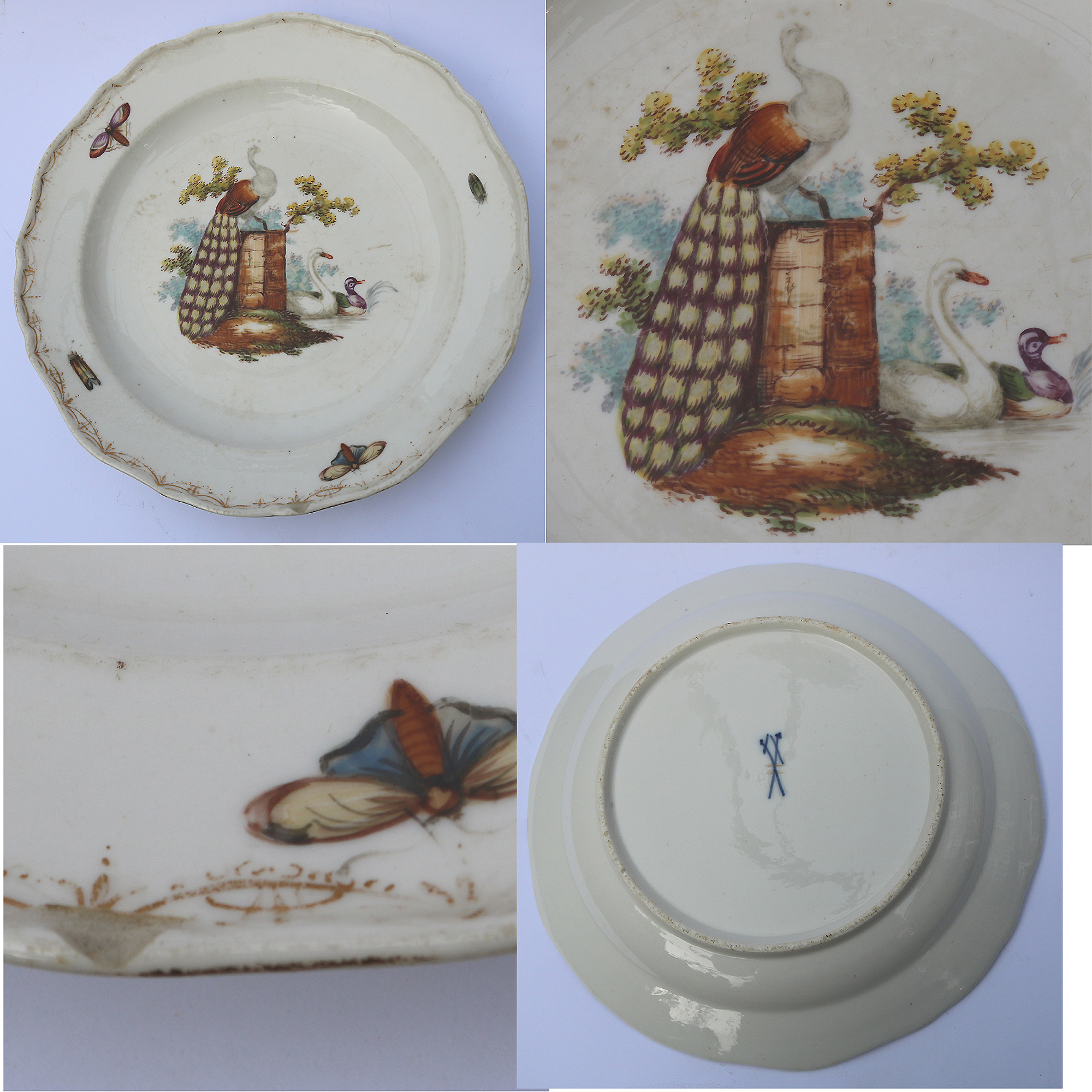 7X antique Meissen porcelain plates hand-painted with insects and birds C.19thC