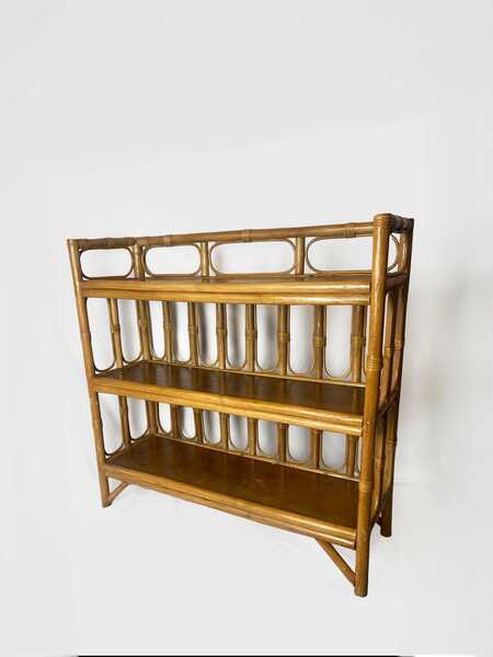 Mid Century Bamboo Display Case, Vintage Bamboo Shelves, Retro Wicker And Bamboo Bookcase, 1970's Furniture