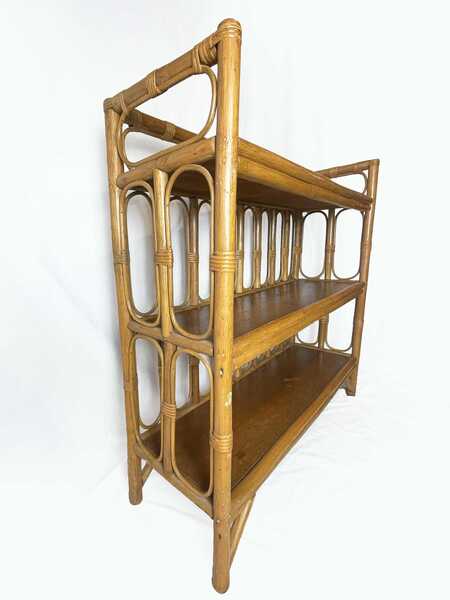 Mid Century Bamboo Display Case, Vintage Bamboo Shelves, Retro Wicker And Bamboo Bookcase, 1970's Furniture