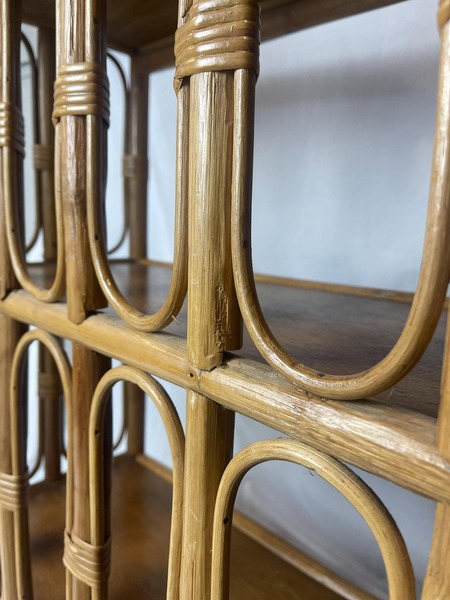 Mid Century Bamboo Display Case, Vintage Bamboo Shelves, Retro Wicker And Bamboo Bookcase, 1970's Furniture