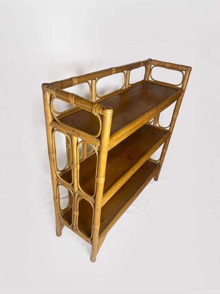 Mid Century Bamboo Display Case, Vintage Bamboo Shelves, Retro Wicker And Bamboo Bookcase, 1970's Furniture