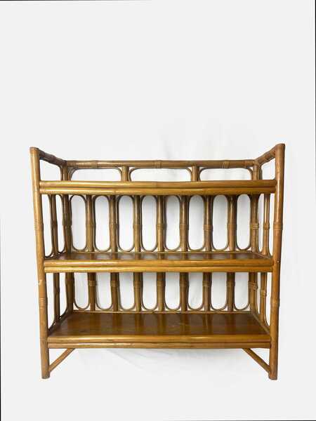 Mid Century Bamboo Display Case, Vintage Bamboo Shelves, Retro Wicker And Bamboo Bookcase, 1970's Furniture