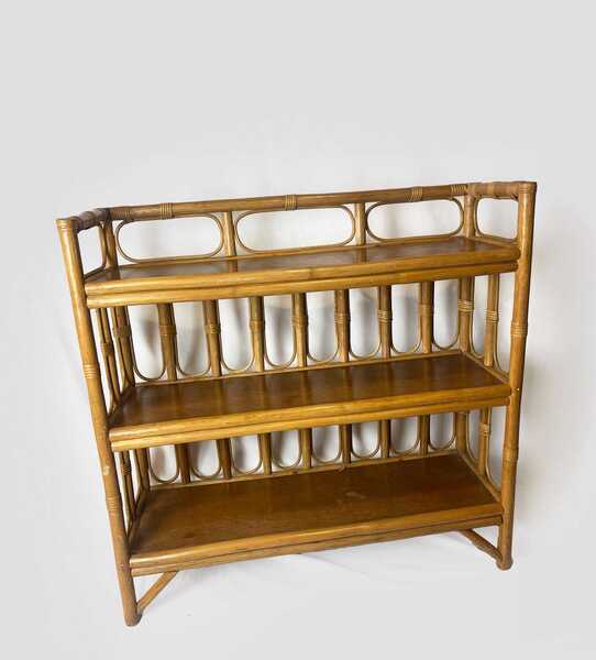 Mid Century Bamboo Display Case, Vintage Bamboo Shelves, Retro Wicker And Bamboo Bookcase, 1970's Furniture