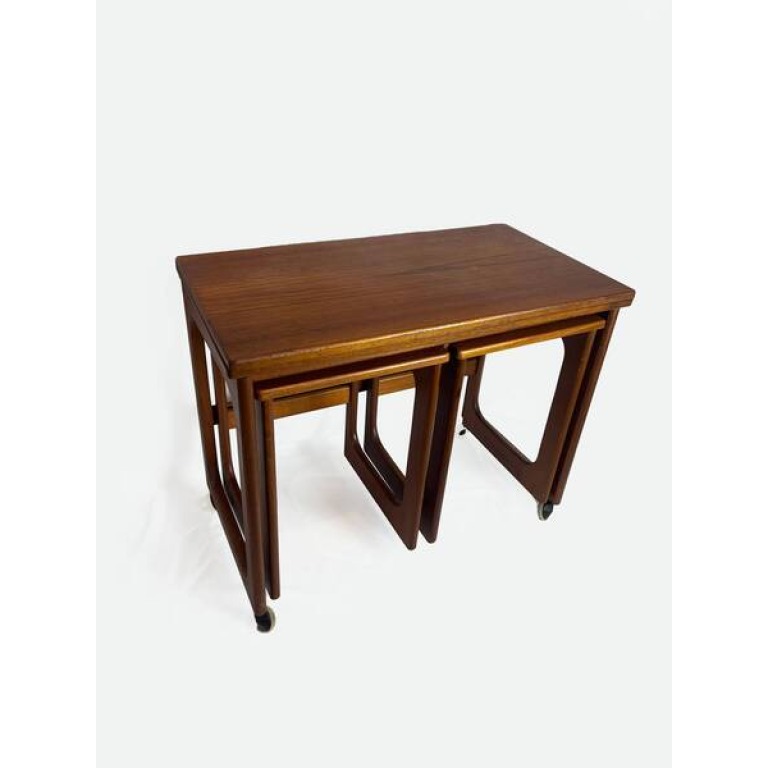 Mid Century Modern McIntosh Teak Tri Form Extendable Nest Of Tables, Vintage Furniture, Teak Wood, Trio Of Tables.