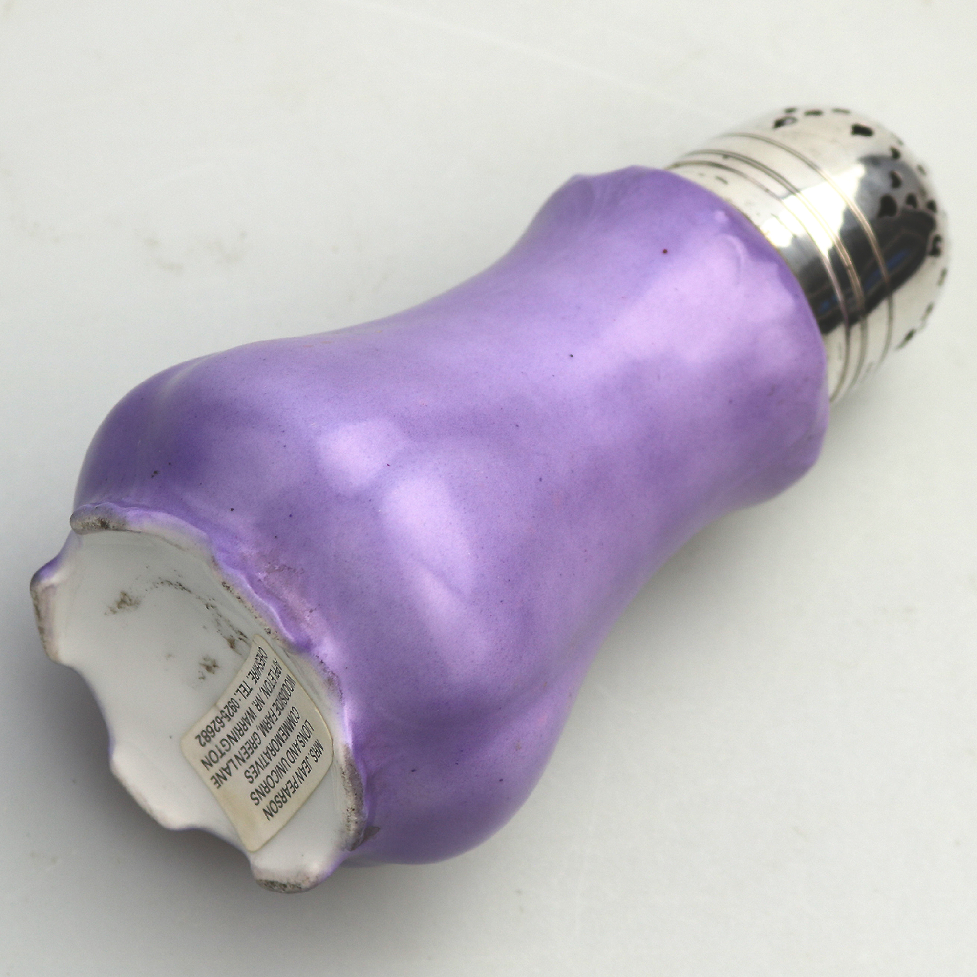 An antique lilac moulded bisque porcelain Muffineer Sugar Shaker Caster C.19thC