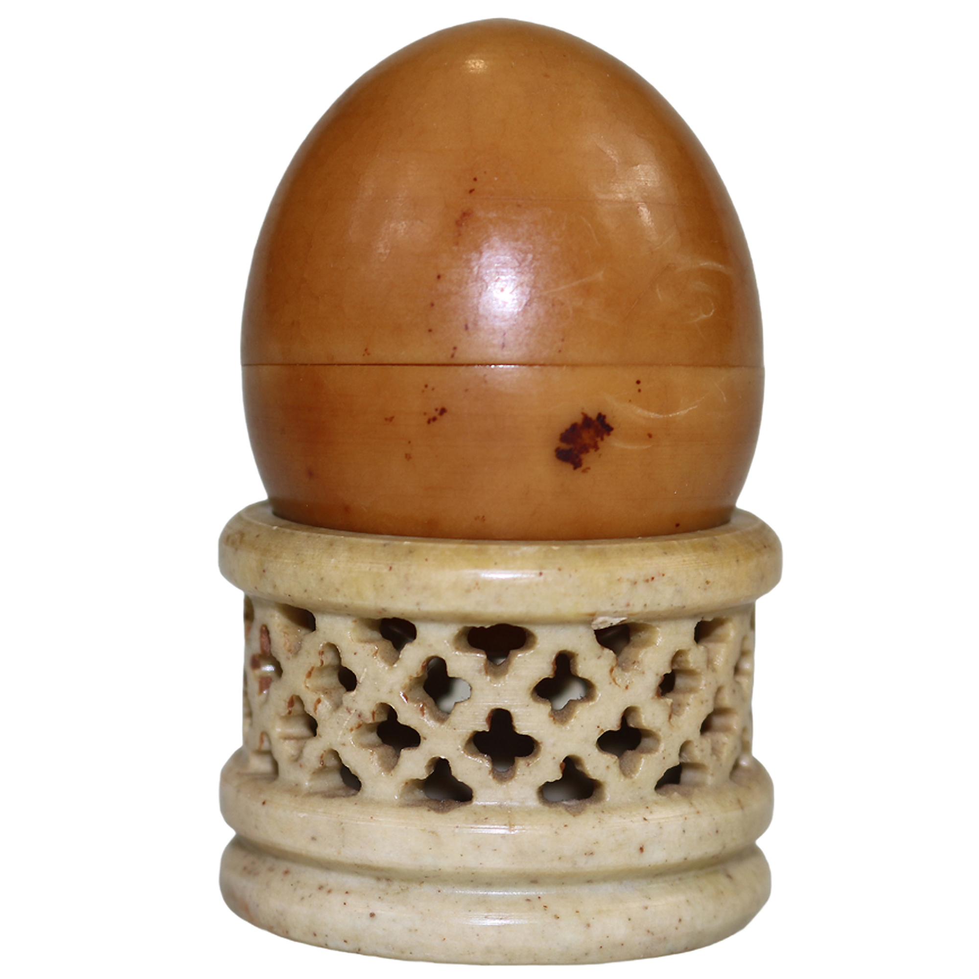 An unusual antique oriental threaded carved nut box on hardstone stand C.1900