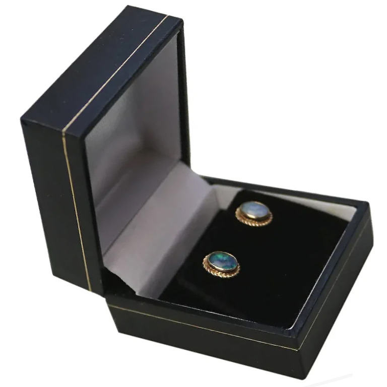 A pair of vintage 9ct gold and opal Earrings - boxed C.20thC