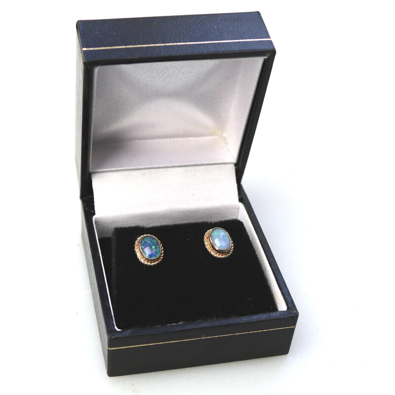 A pair of vintage 9ct gold and opal Earrings - boxed C.20thC