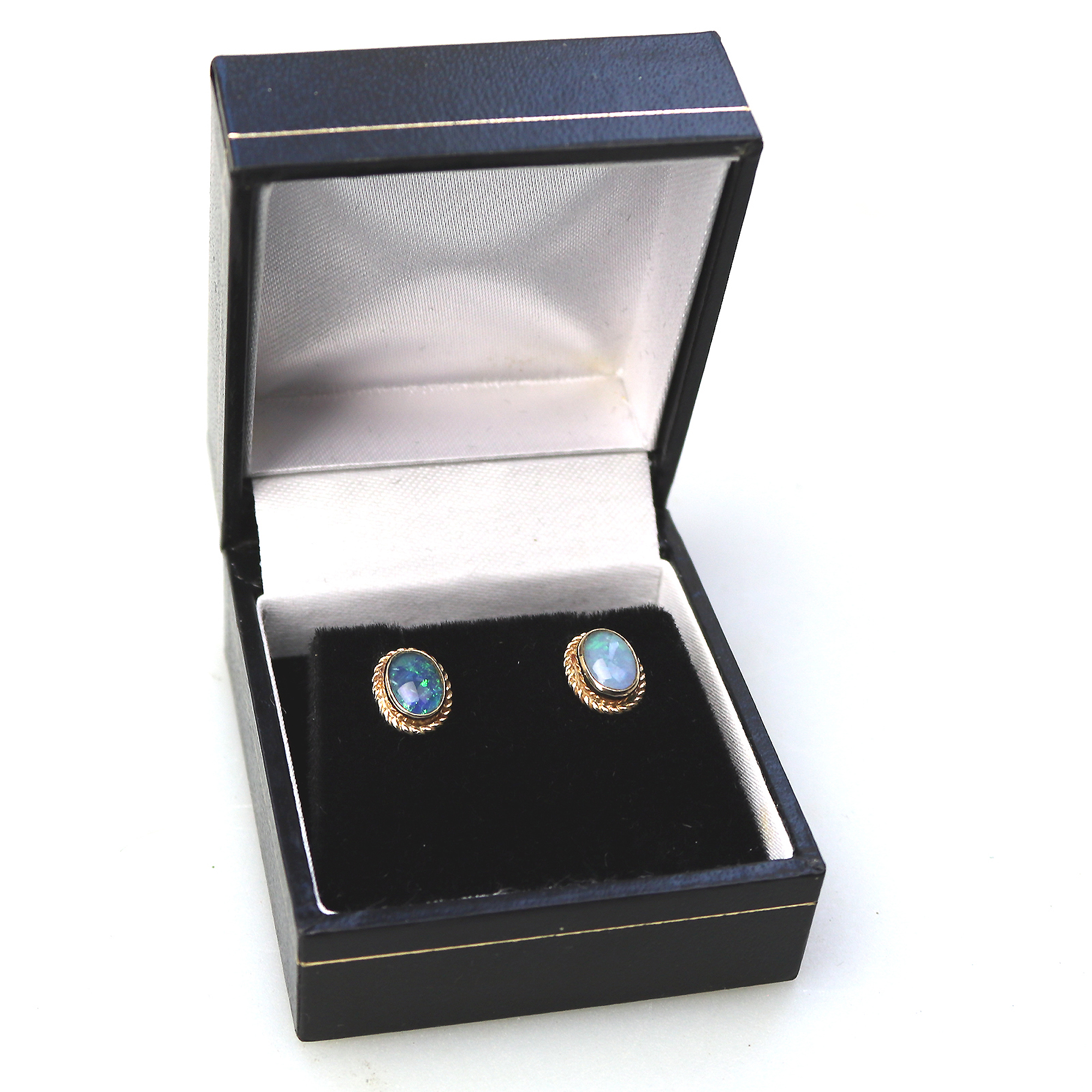 A pair of vintage 9ct gold and opal Earrings - boxed C.20thC