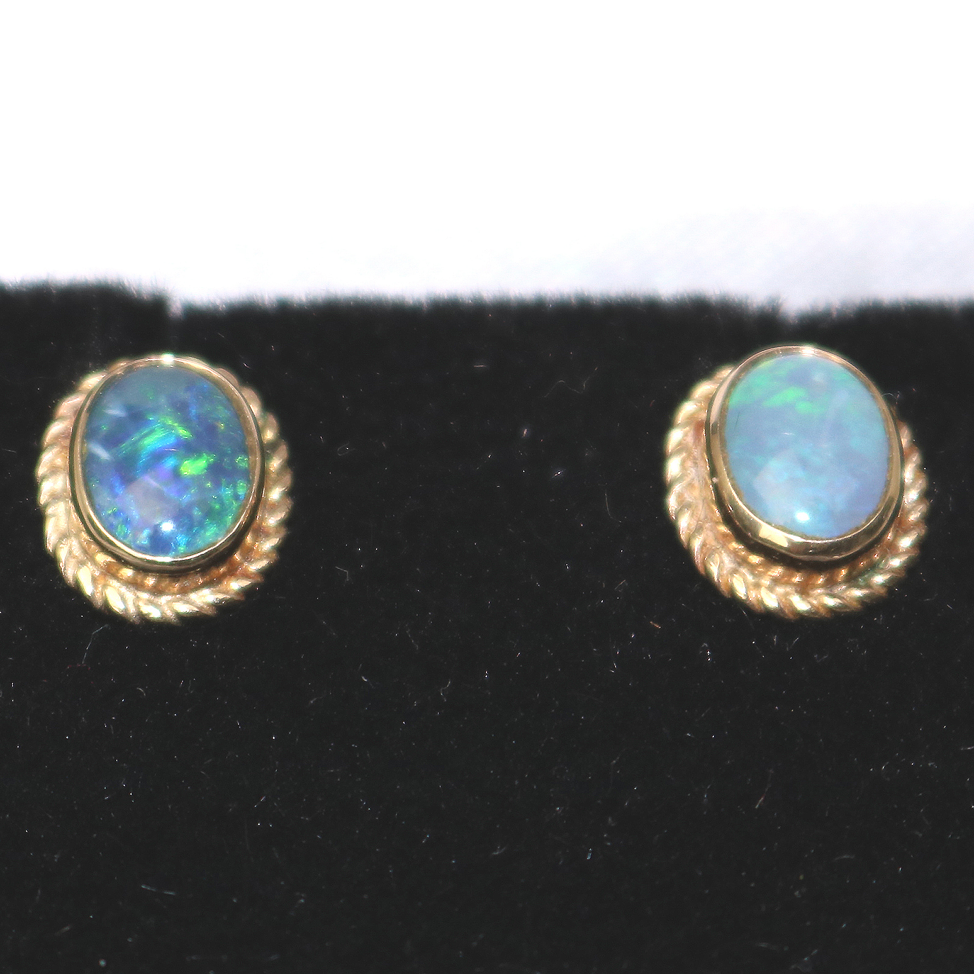 A pair of vintage 9ct gold and opal Earrings - boxed C.20thC