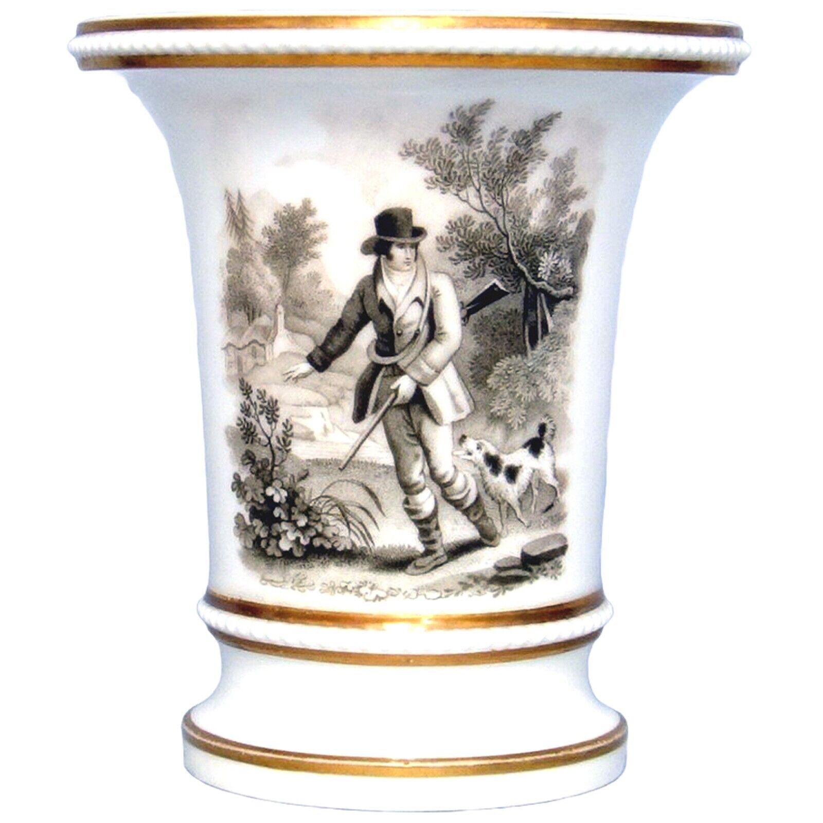 Unusual & scarce antique Regency Bat printed Huntsman porcelain Spill Vase C.early 19thC