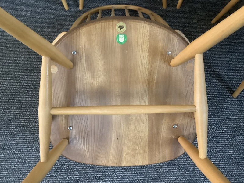 Set Of Six Ercol Windsor Quaker Back Dining Chairs In Light Finish.