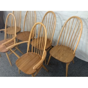 Set Of Six Ercol Windsor Quaker Back Dining Chairs In Light Finish.