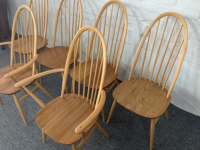 Set Of Six Ercol Windsor Quaker Back Dining Chairs In Light Finish.