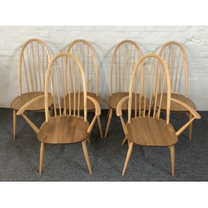 Set Of Six Ercol Windsor Quaker Back Dining Chairs In Light Finish.