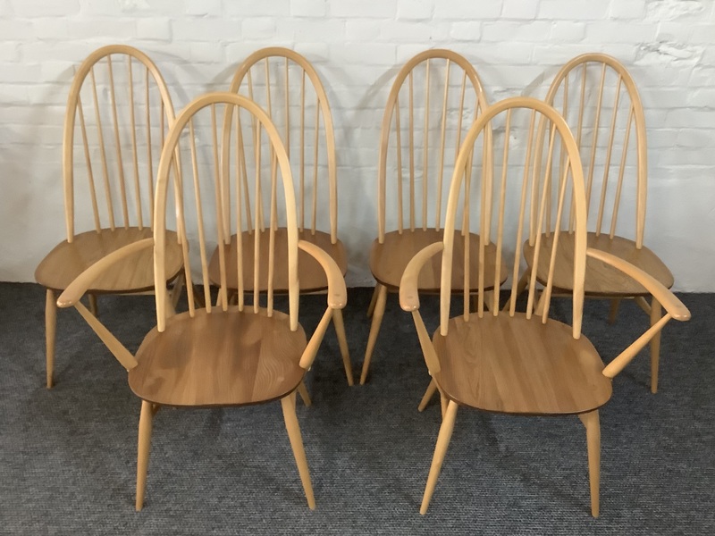 Set Of Six Ercol Windsor Quaker Back Dining Chairs In Light Finish.