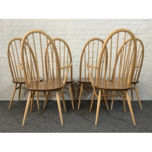 Set Of Six Ercol Windsor Quaker Back Dining Chairs In Light Finish.