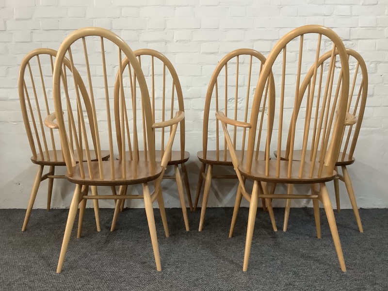Set Of Six Ercol Windsor Quaker Back Dining Chairs In Light Finish.