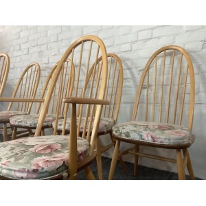 Set Of Six Ercol Windsor Quaker Back Dining Chairs In Light Finish.