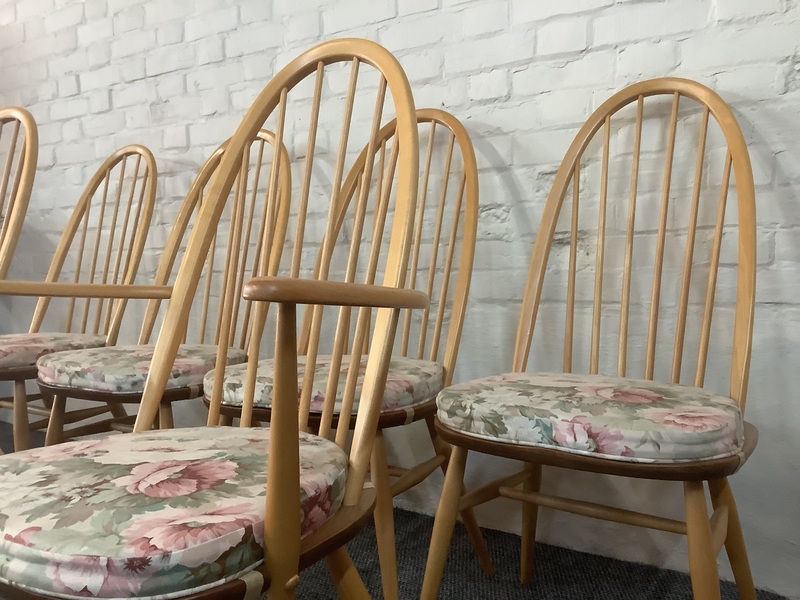 Set Of Six Ercol Windsor Quaker Back Dining Chairs In Light Finish.
