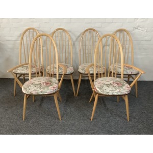 Set Of Six Ercol Windsor Quaker Back Dining Chairs In Light Finish.