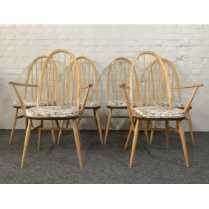 Set Of Six Ercol Windsor Quaker Back Dining Chairs In Light Finish.